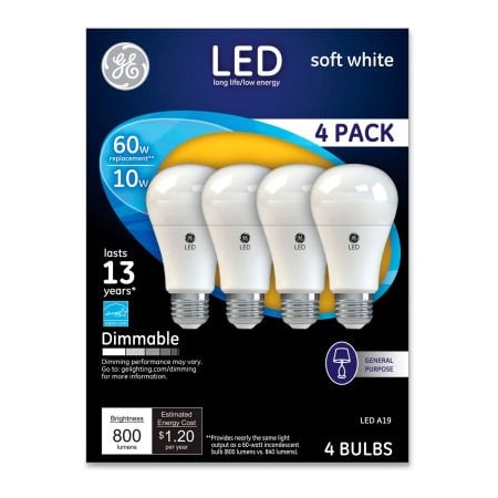 Ge Led Soft White A19 Dimmable Light Bulb, 10 W, 4/Pack 67615